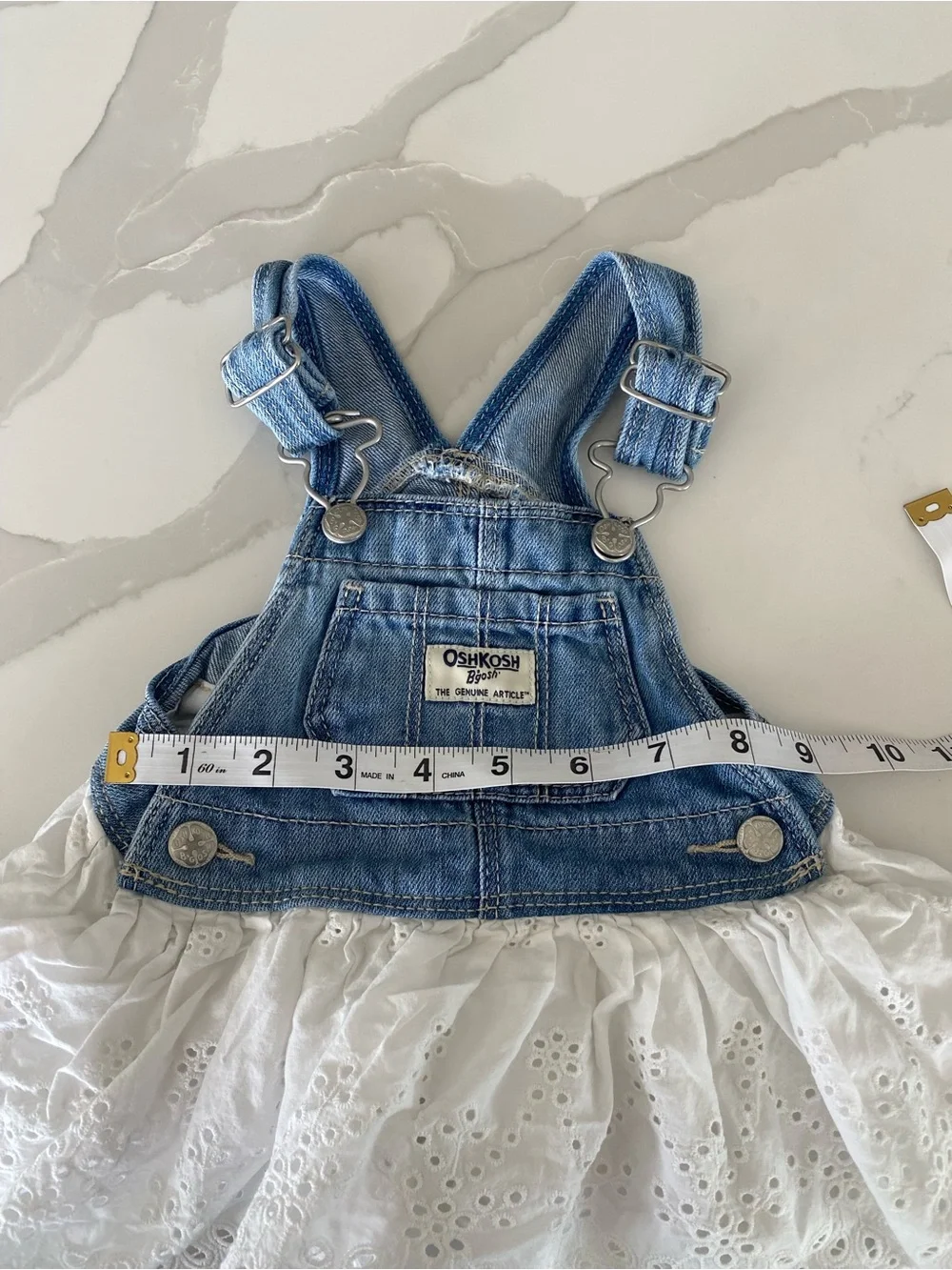 OshKosh B'gosh Denim Jumper Overall White Eyelet Lace Dress 6M